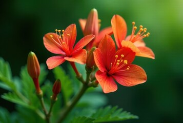 Vibrant orange blossoms in full bloom, showcasing delicate petals and vibrant stamens, nestled amongst lush green foliage, bathed in soft sunlight