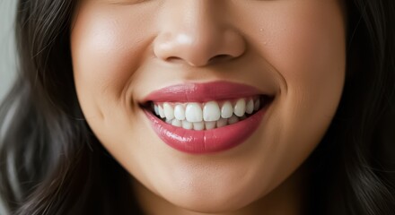 Obraz premium A detailed close-up of a smiling woman with naturally bright white teeth and glossy pink lips
