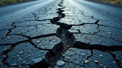 A Deeply Cracked Asphalt Road Surface with Water Droplets and Small Pebbles