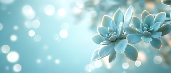 Fototapeta premium Soft succulent plant with light blue background and bokeh effect creating a serene mood