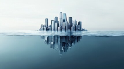 Fototapeta premium Climate crisis impact urban cityscape submerged in water environment reflection digital art viewpoint