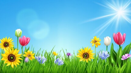 Vibrant Spring Meadow: Sunlit Tulips, Sunflowers, and Blossoms