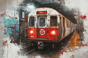 Obraz premium A vintage-style poster of a train moving through consecutive stations, with retro typography listing the station names and muted, nostalgic colors highlighting the journey