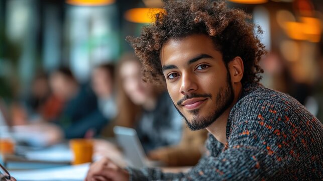 Confident student smiling, cafe study group background