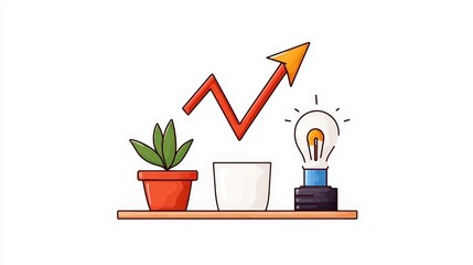 Growth Concept with Plants, Light Bulb, and Upward Arrow on Shelf for Business Inspiration