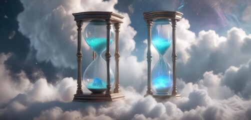 Ethereal hourglass suspended in mid-air amidst swirling clouds of iridescent mist, glowing, ambient, cloudy