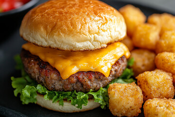 Delicious cheeseburger with melted cheese and fresh lettuce served alongside crispy tater tots