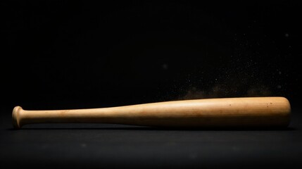 A wooden bat rests on a dark surface, dust particles suspended in the air, suggesting recent impact or powerful swing.