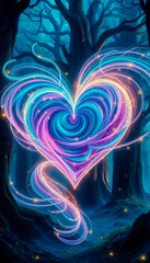 Obraz premium A radiant blue and purple heart made of swirling magical energy floats in a mystical forest, symbolizing love and romance on Valentine's Day.