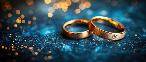 Golden wedding rings on a dark blue surface with sparkling lights creating a romantic mood