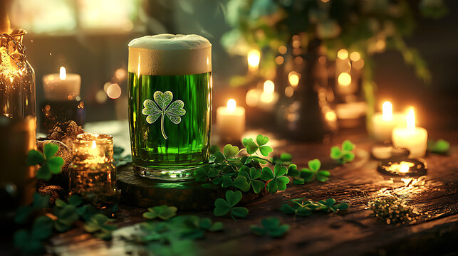 A cultural celebration honoring Saint Patrick with religious symbols and shamrocks 