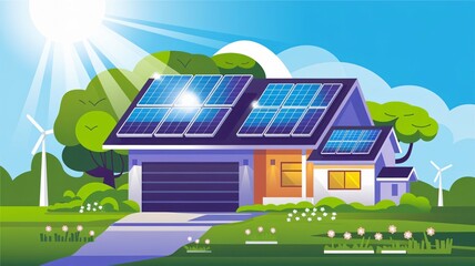 Naklejka premium Illustration of an energy-efficient house with solar panels on the roof, surrounded by greenery, under a sunny sky, promoting sustainability and renewable energy principles.