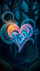 A glowing heart-shaped vortex of magical energy illuminates the dark forest, representing deep love and Valentine's Day enchantment.