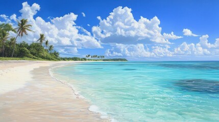 Fototapeta premium Tropical beach paradise crystal-clear waters scenic landscape relaxing environment panoramic view dreamlike escape