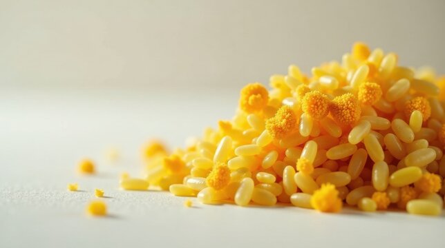 A vibrant pile of golden oblong grains interspersed with small, fluffy yellow blossoms, creating a textural and colorful composition.