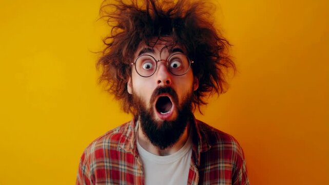 Surprised man with wild hair and glasses expressing shock against a vibrant yellow background
