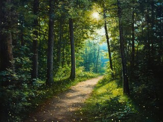 Obraz premium Twilight forest trail adventure enchanted woodland nature photography serene environment magical viewpoint fireflies dancing