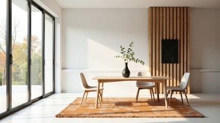 Modern minimalist dining room design featuring a light oak table, neutral chairs, and a textured rug, situated near floor-to-ceiling glass doors showcasing a serene autumnal landscape