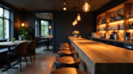 Obraz premium Warm Evening Light Illuminates a Stylish Bar's Wooden Countertop, Blurred Seating and a Backlit Liquor Shelf Create a Cozy Ambiance