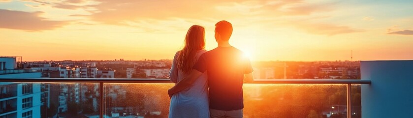 Naklejka premium Romantic Couple Watching Sunset From Their New Balcony Peaceful Moments Shared at Home