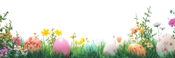 PNG Easter eggs on green grass border colorful flowers nature.