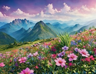 Obraz premium Vibrant landscape with blooming flowers and majestic mountains at dusk