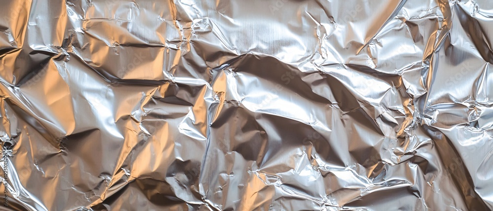 Poster silver foil texture with crumpled surface reflecting light creating abstract patterns and shapes