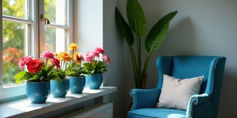 Fototapeta premium Brightly colored blossoms in teal pots sit on a windowsill next to a teal armchair with a neutral cushion, bathed in sunlight