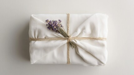 A modern flat-lay of a white gift wrapped in unbleached cotton fabric, tied with twine and embellished with a small bunch of dried lavender.