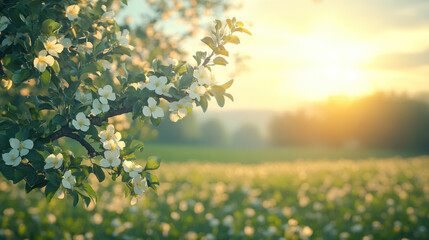 Obraz premium Blossoming flowers in a sunlit field during early morning hours capture the essence of spring's beauty and tranquility