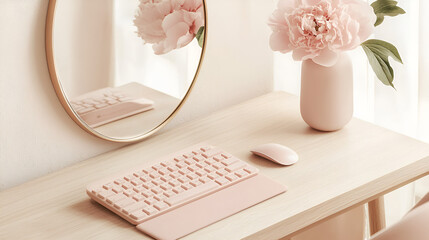 A minimalist workspace featuring a pale pink keyboard, mouse, and a vase of peonies. Soft lighting and muted tones create a calming atmosphere.