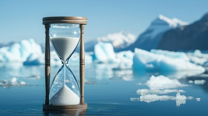Climate crisis hourglass symbolizing environmental changes glacial landscape conceptual photography calm atmosphere