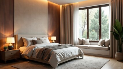 Obraz premium Serene Bedroom with Natural Light and Wooden Accents, Featuring a Plush Bed and Window Seat