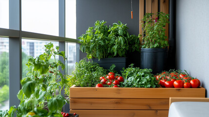 A vegetable garden on the balcony, beds made of eco-friendly materials with growing local...