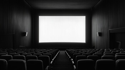 A clean movie screening room with white walls, dark seating, and a subtle glowing strip behind the screen. digital