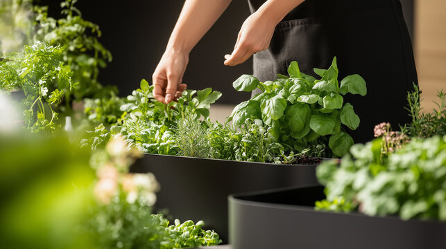 A vegetable garden on the balcony, beds made of eco-friendly materials with growing local vegetables, greens, berries, cozy and healthy corner in the house, figure of a woman, soft focus