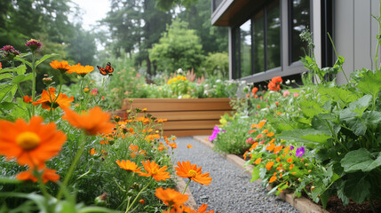 Backyard garden with multiple raised wooden garden beds filled with vibrant flowers, lush green...