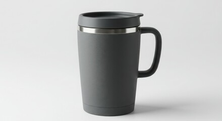 Gray Travel Mug with Handle and Lid on White Background