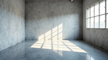 Obraz premium Empty industrial space with concrete walls and large window casting sunlight shadows