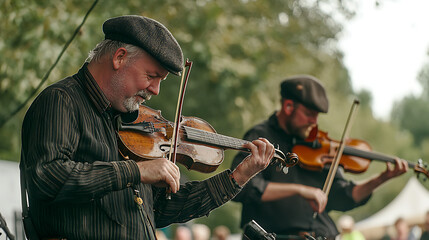 A lively stage performance featuring traditional Irish folk musicians playing at a festival 