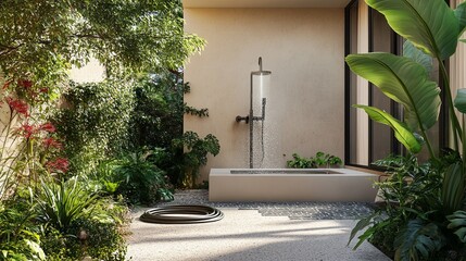 A clean outdoor tap styled with a coiled hose neatly hung beside it. digital