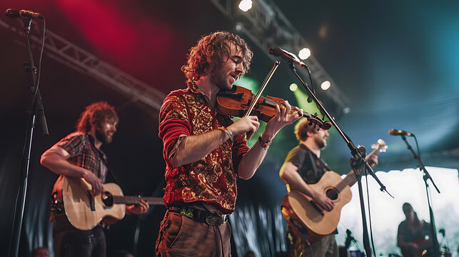 A lively stage performance featuring traditional Irish folk musicians playing at a festival 