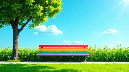 Obraz premium A vibrant rainbow-hued park bench sits invitingly beneath a lush green tree, a picturesque scene of serenity and inclusivity on a sunny day.