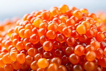 A vibrant pile of orange fish roe, showcasing its glossy texture and round shape, ideal for culinary applications.