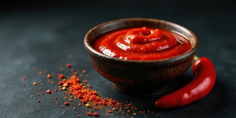 A Bowl of Vibrant Red Chili Sauce with Fresh Chili Pepper and Seasoning