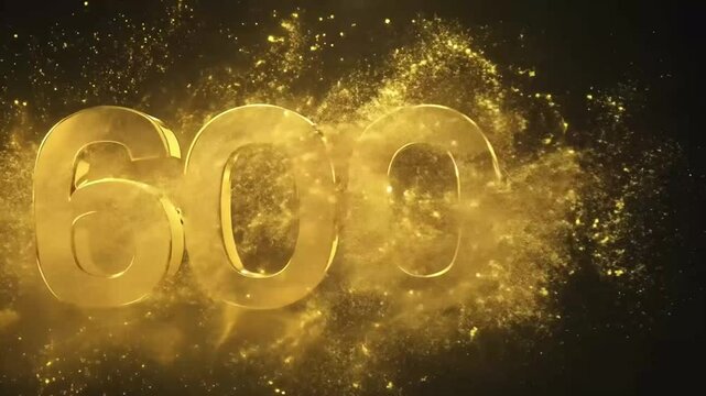 Text 600k shape created from golden light particles on black background