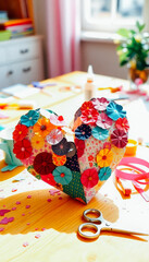 Fototapeta premium A beautiful handcrafted heart made of colorful fabric and floral patches sits in a bright, creative workspace—perfect for Valentine’s Day.