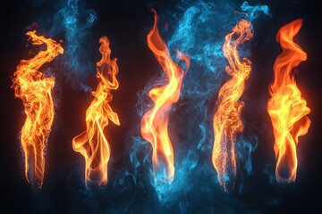 Dynamic fire and smoke abstract design with vibrant orange flames and blue smoke on dark background