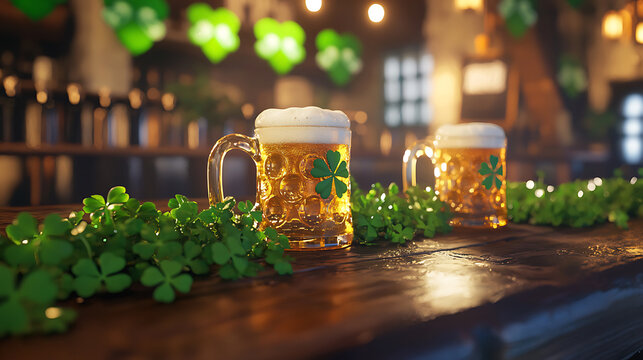 A pub table featuring frothy beer mugs clover decorations and Irish pride banners 