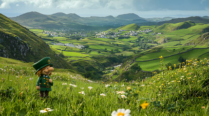 A scenic view of the Emerald Isle with rolling green hills and a cheerful leprechaun figure 